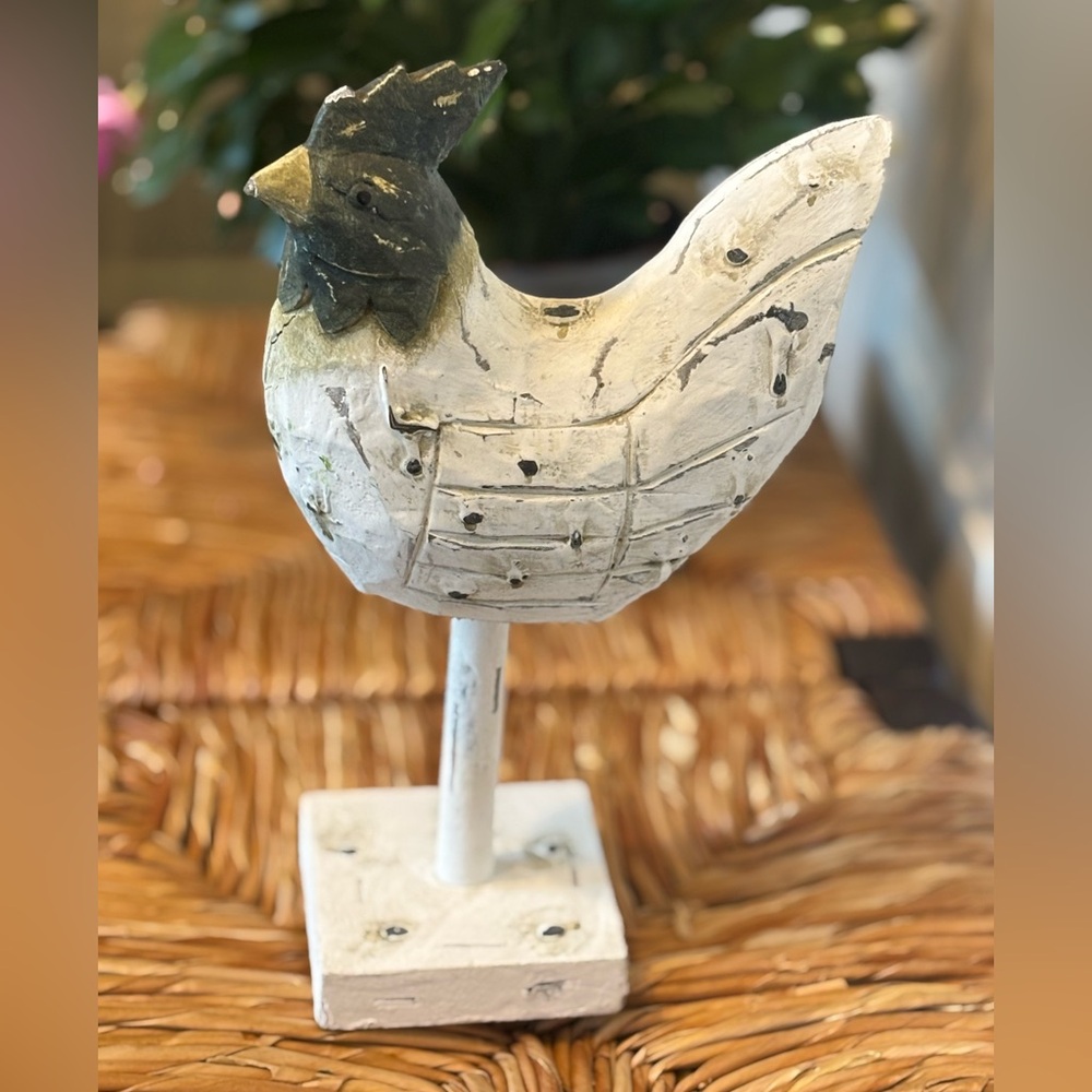Rustic Country Farm Barn Style White and Black Rooster Sculpture Made of Wood - Picture 7 of 7